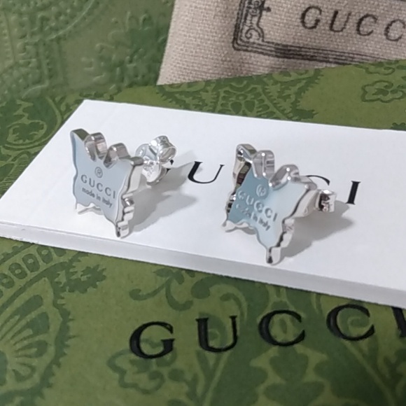 🦋NEW, Gucci Sterling Silver Butterfly Trademark Logo Earrings - Picture 6 of 16